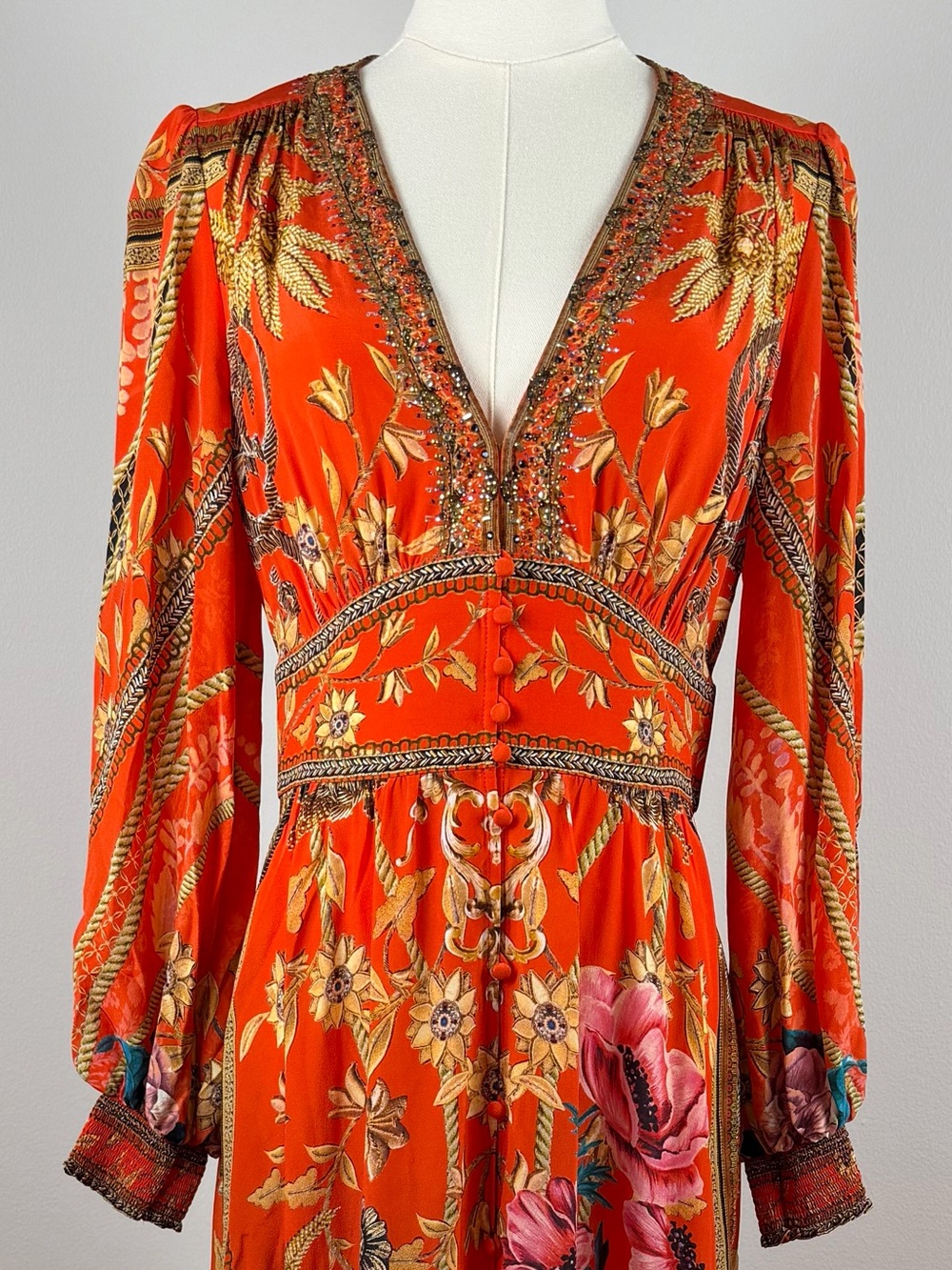 Camilla Orange Red Silk Floral Deep-V Maxi Dress - Picture 8 of 10